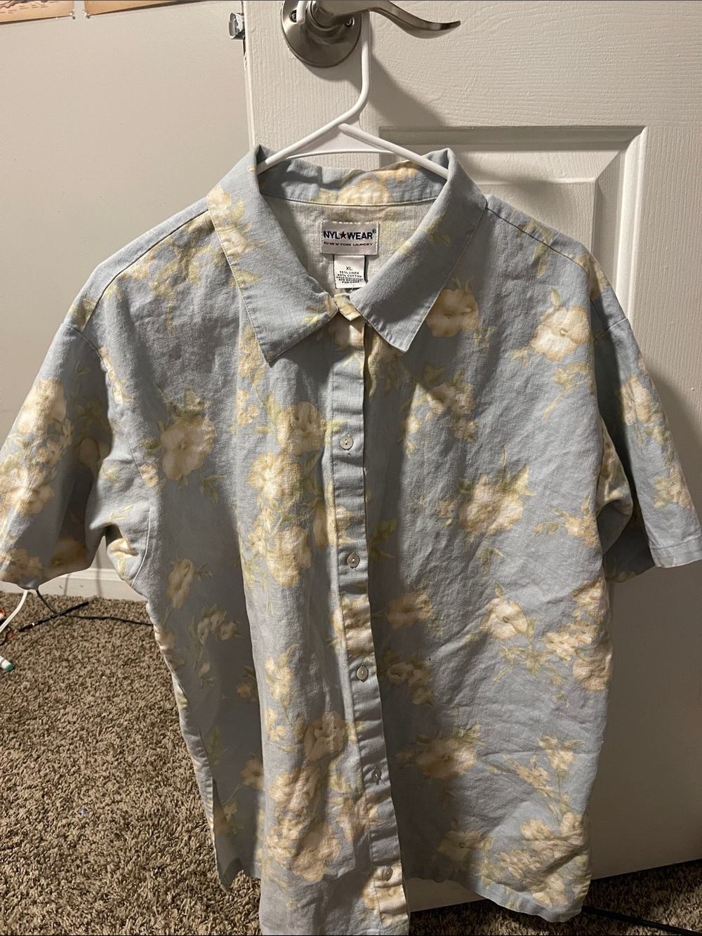 Men's Short-Sleeve Floral Button-Up Shirt — Light Blue with Cream Flowers